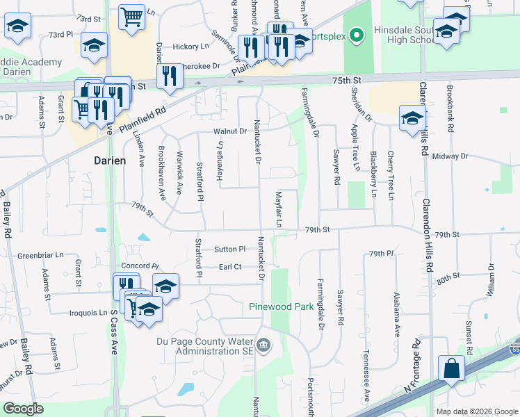 map of restaurants, bars, coffee shops, grocery stores, and more near 7813 Nantucket Lane in Darien