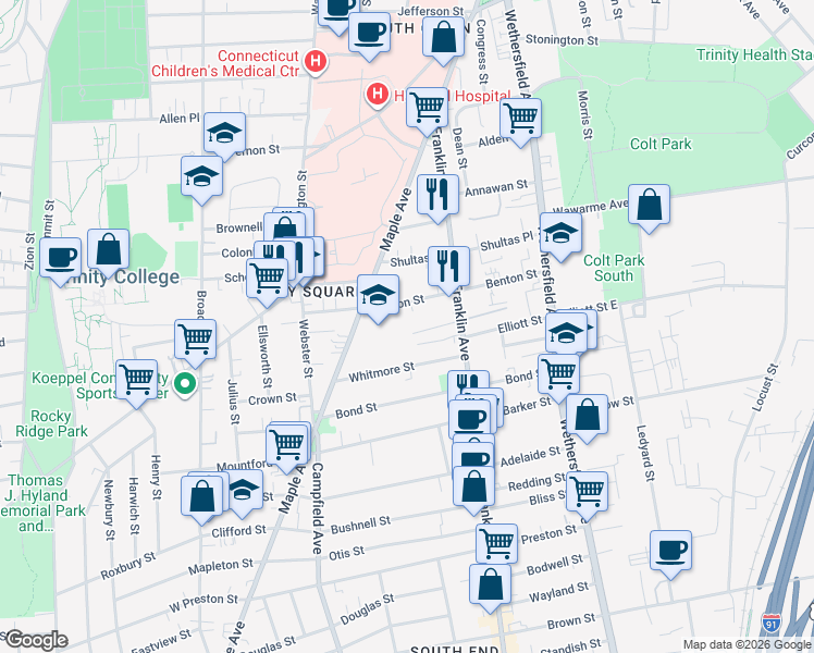 map of restaurants, bars, coffee shops, grocery stores, and more near 117 Benton Street in Hartford