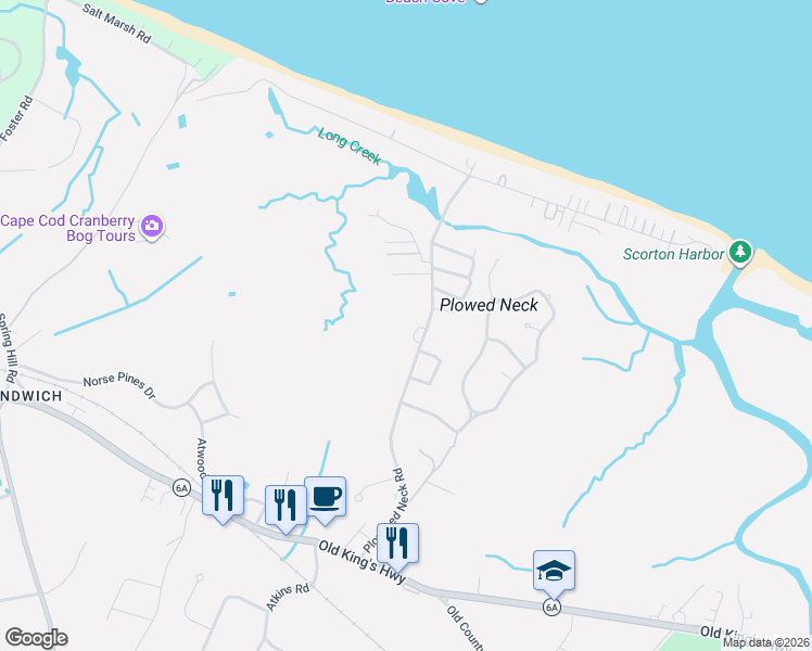 map of restaurants, bars, coffee shops, grocery stores, and more near 63 Ploughed Neck Road in Sandwich