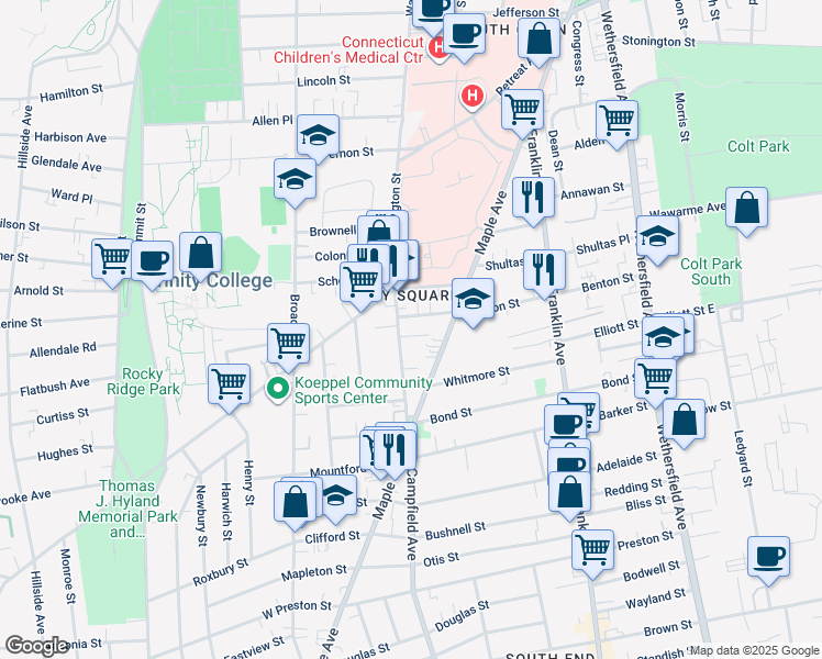 map of restaurants, bars, coffee shops, grocery stores, and more near 90 Webster Street in Hartford