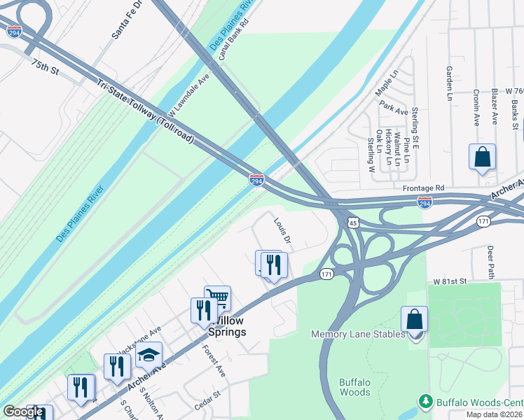 map of restaurants, bars, coffee shops, grocery stores, and more near 402 North Rust Trail in Willow Springs