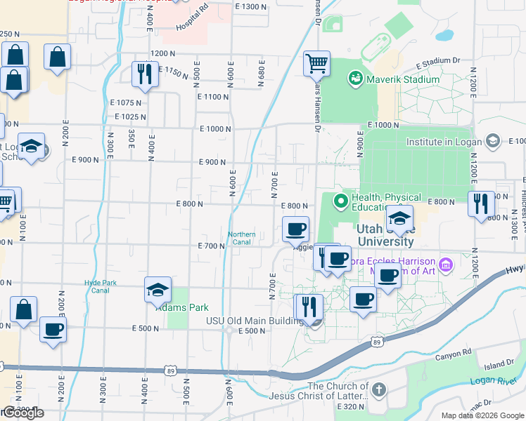 map of restaurants, bars, coffee shops, grocery stores, and more near 653 East 800 North in Logan