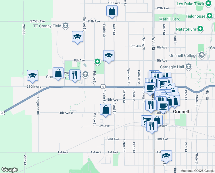 map of restaurants, bars, coffee shops, grocery stores, and more near 229 6th Ave in Grinnell