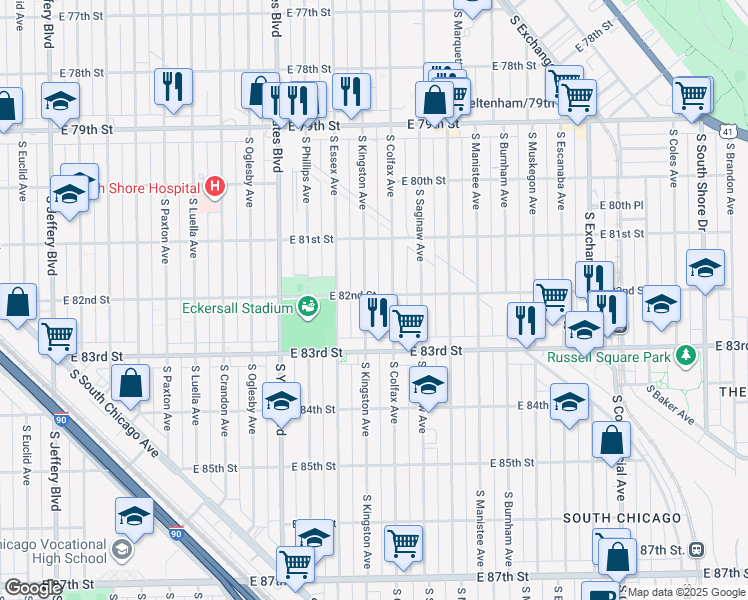 map of restaurants, bars, coffee shops, grocery stores, and more near 8201 South Kingston Avenue in Chicago