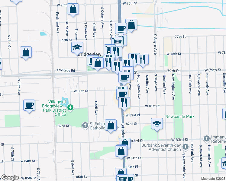 map of restaurants, bars, coffee shops, grocery stores, and more near 8003 South Oconto Avenue in Bridgeview