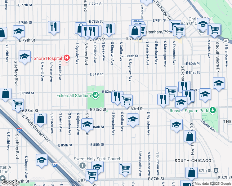 map of restaurants, bars, coffee shops, grocery stores, and more near 8159 South Kingston Avenue in Chicago