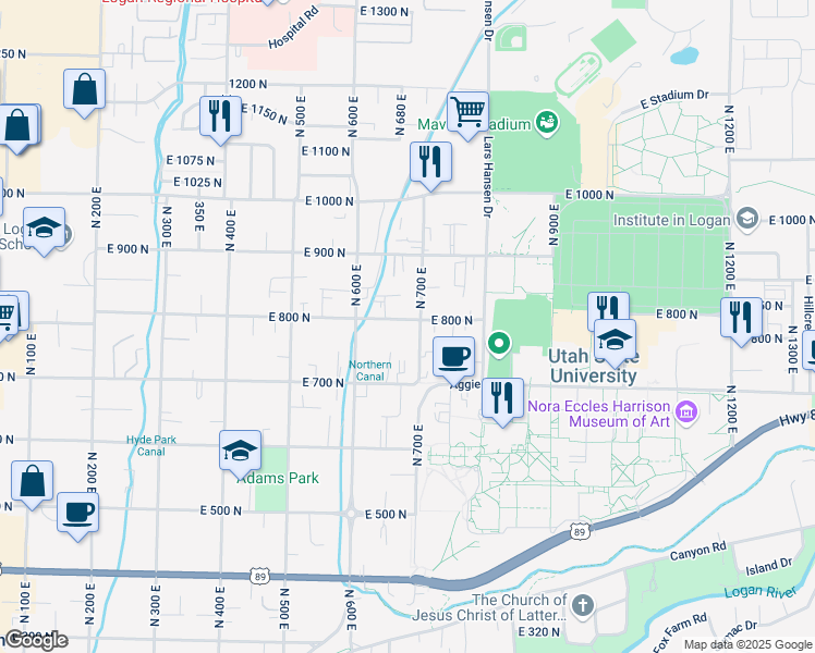 map of restaurants, bars, coffee shops, grocery stores, and more near 653 East 800 North in Logan