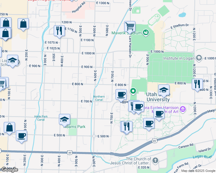 map of restaurants, bars, coffee shops, grocery stores, and more near 653 East 800 North in Logan