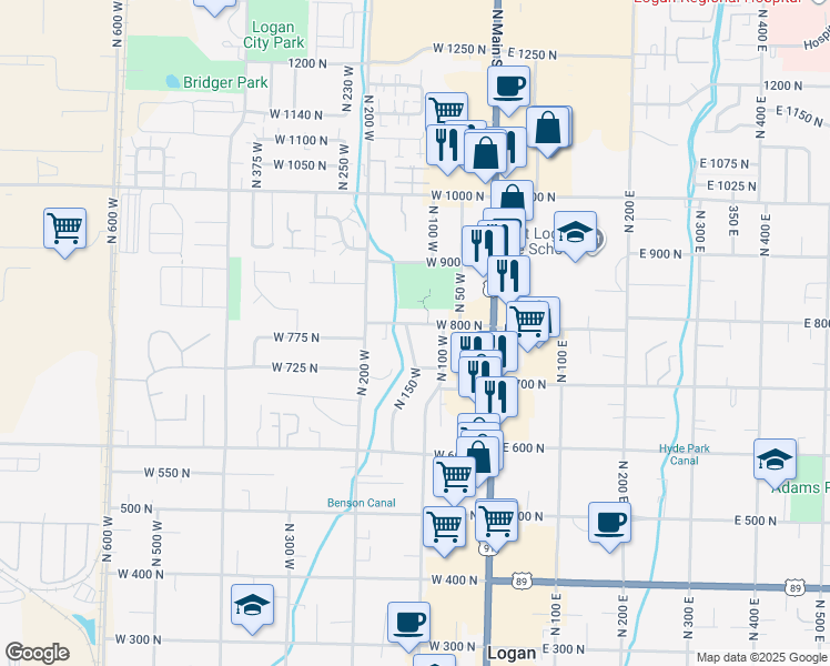 map of restaurants, bars, coffee shops, grocery stores, and more near 95 West 800 North in Logan