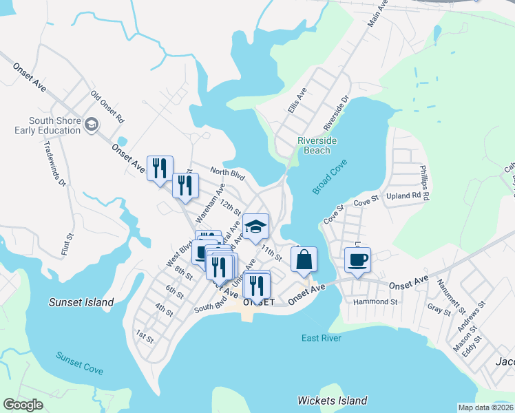 map of restaurants, bars, coffee shops, grocery stores, and more near 20 Whittemore Avenue in Wareham