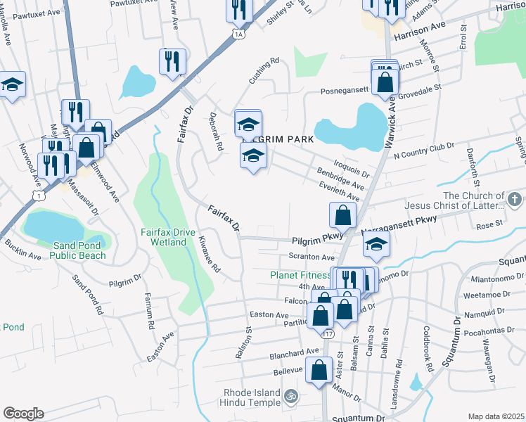 map of restaurants, bars, coffee shops, grocery stores, and more near 111 Pilgrim Parkway in Warwick