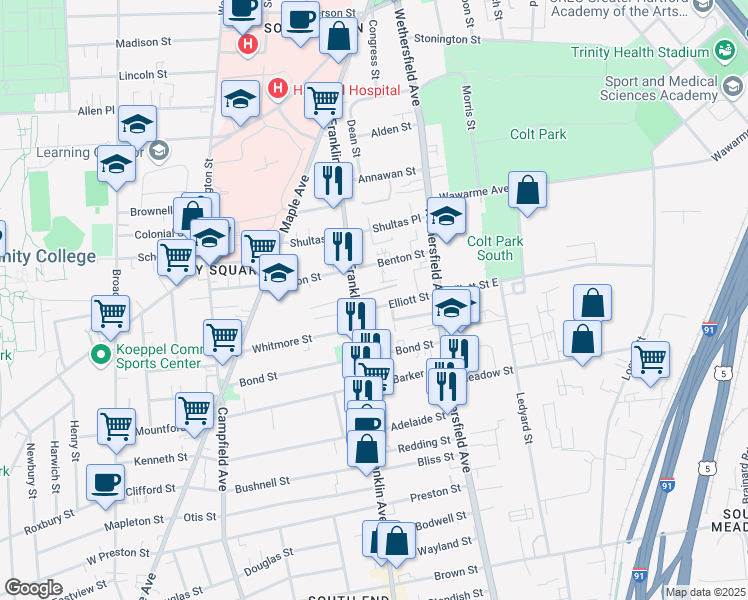map of restaurants, bars, coffee shops, grocery stores, and more near 174 Franklin Avenue in Hartford
