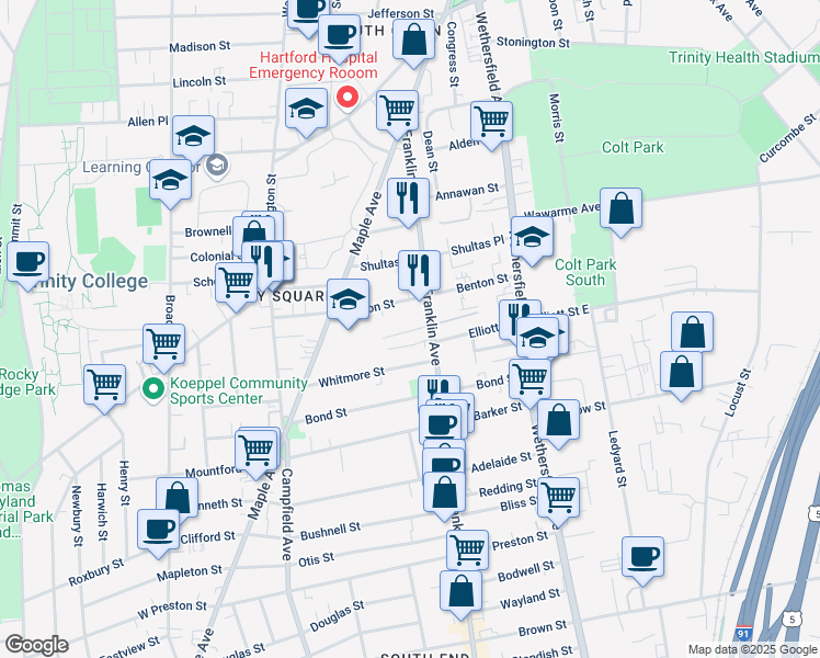map of restaurants, bars, coffee shops, grocery stores, and more near 14 Warner Street in Hartford