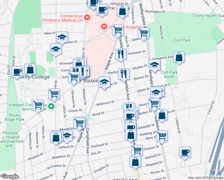 map of restaurants, bars, coffee shops, grocery stores, and more near 117 Benton Street in Hartford