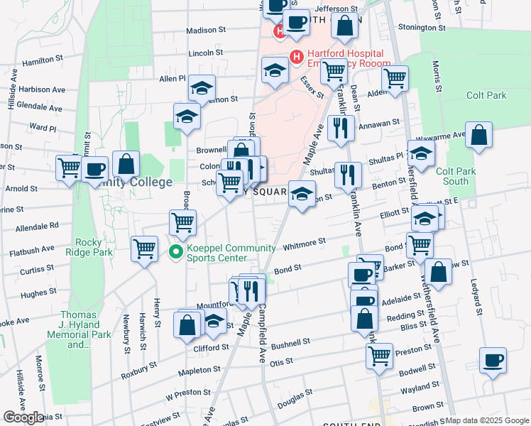 map of restaurants, bars, coffee shops, grocery stores, and more near in Hartford