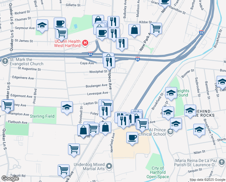 map of restaurants, bars, coffee shops, grocery stores, and more near 41 Prospect Avenue in Hartford
