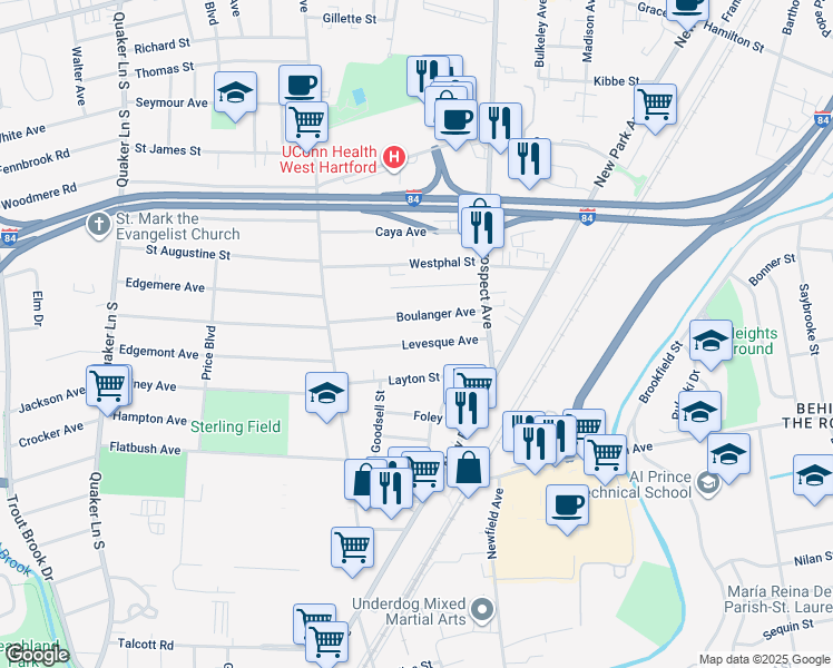map of restaurants, bars, coffee shops, grocery stores, and more near 73 Boulanger Avenue in West Hartford