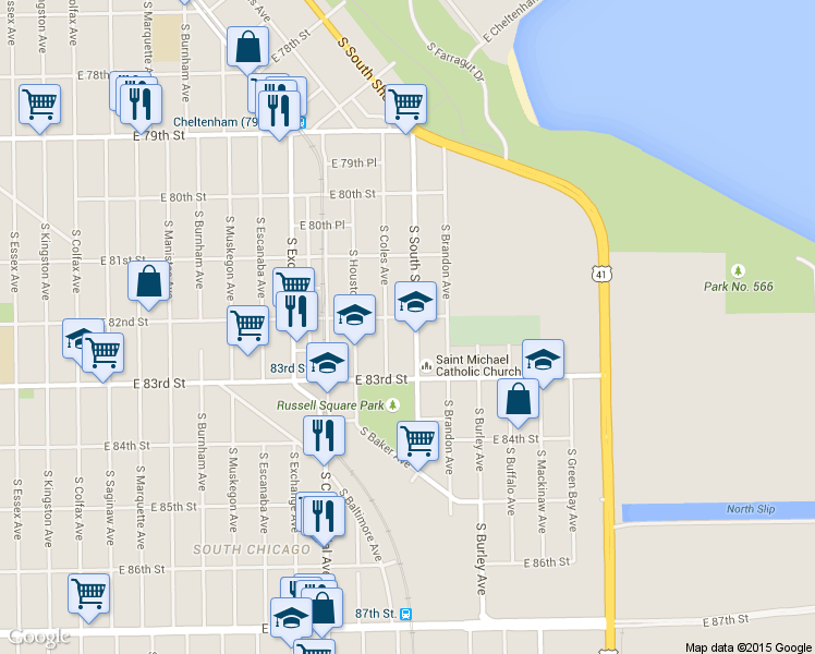 map of restaurants, bars, coffee shops, grocery stores, and more near 8159 South Coles Avenue in Chicago