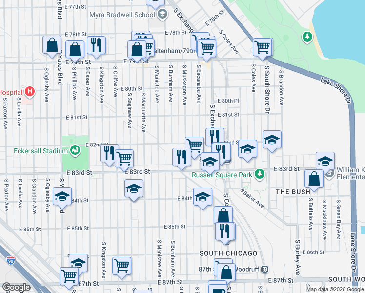 map of restaurants, bars, coffee shops, grocery stores, and more near 8159 South Muskegon Avenue in Chicago