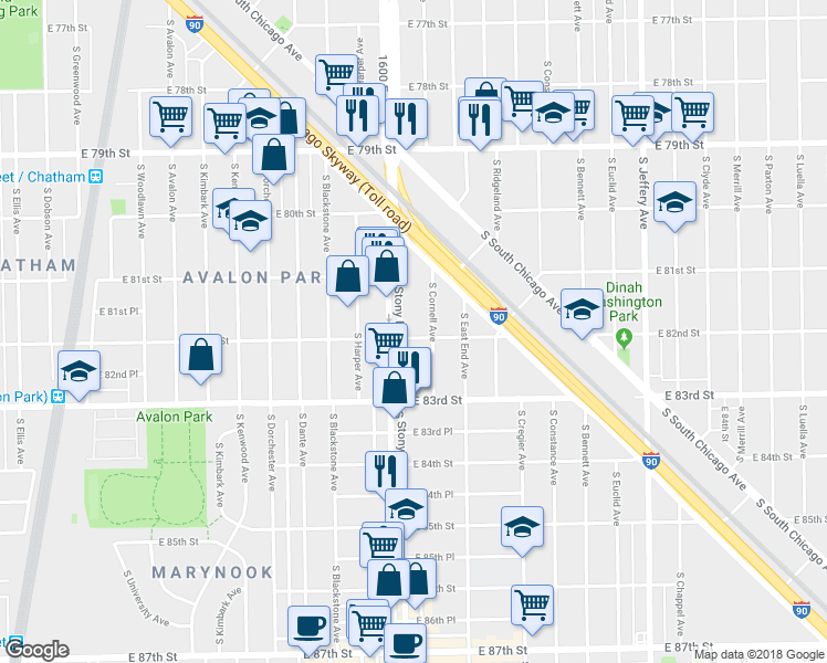 map of restaurants, bars, coffee shops, grocery stores, and more near 8145 South Stony Island Avenue in Chicago