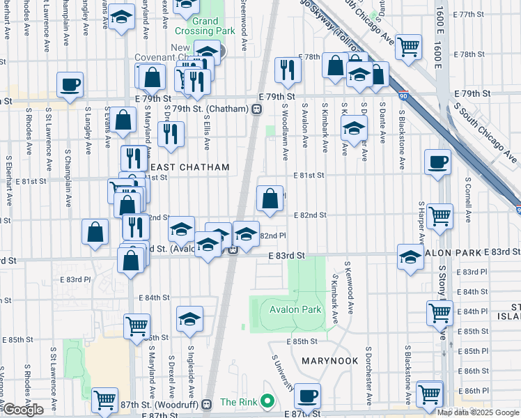 map of restaurants, bars, coffee shops, grocery stores, and more near 1117 East 81st Place in Chicago