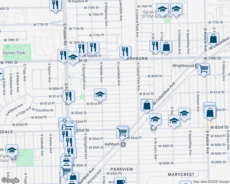 map of restaurants, bars, coffee shops, grocery stores, and more near 3721 West 80th Place in Chicago