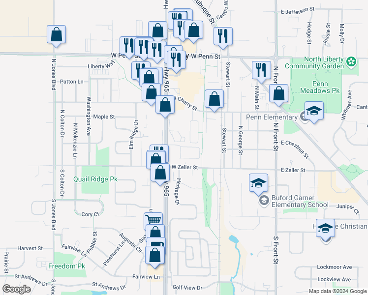map of restaurants, bars, coffee shops, grocery stores, and more near 160 Highway 965 in North Liberty