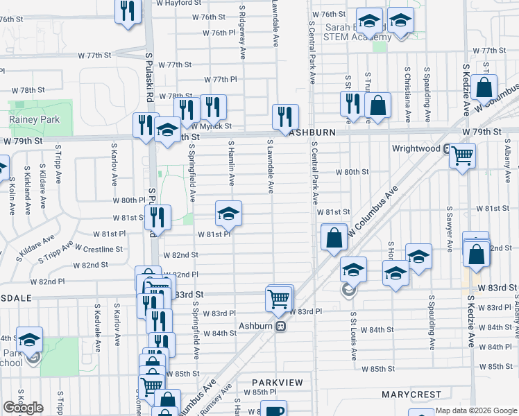 map of restaurants, bars, coffee shops, grocery stores, and more near 3721 West 80th Place in Chicago