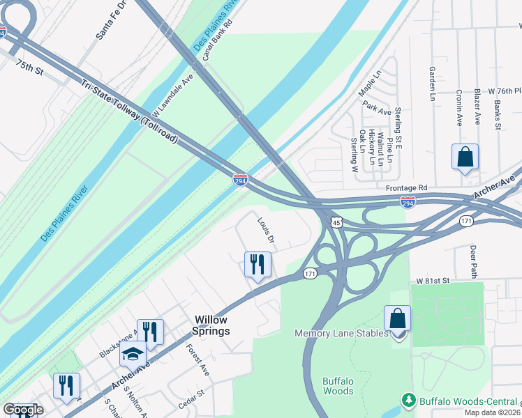 map of restaurants, bars, coffee shops, grocery stores, and more near 402 North Rust Trail in Willow Springs