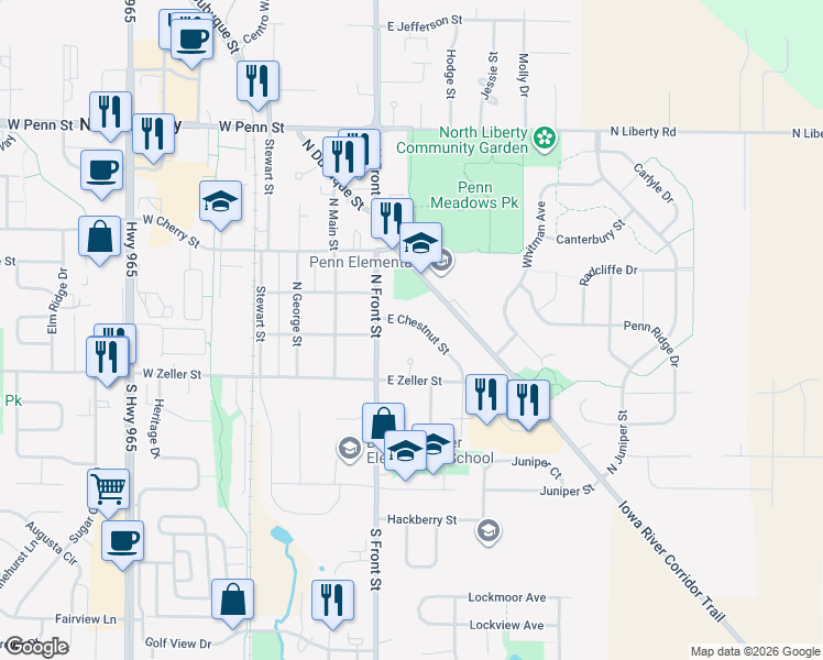 map of restaurants, bars, coffee shops, grocery stores, and more near 65 East Chestnut Street in North Liberty