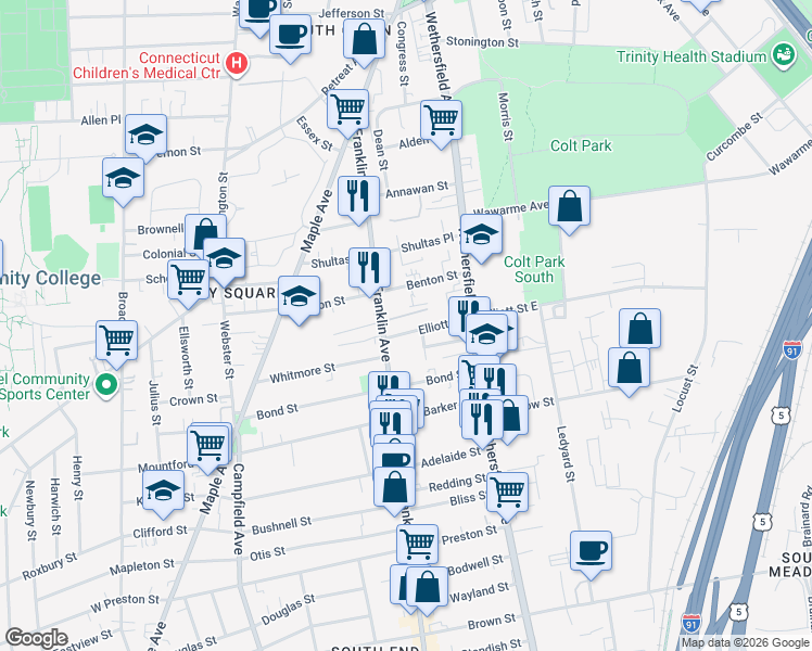 map of restaurants, bars, coffee shops, grocery stores, and more near 50 Elliott Street East in Hartford