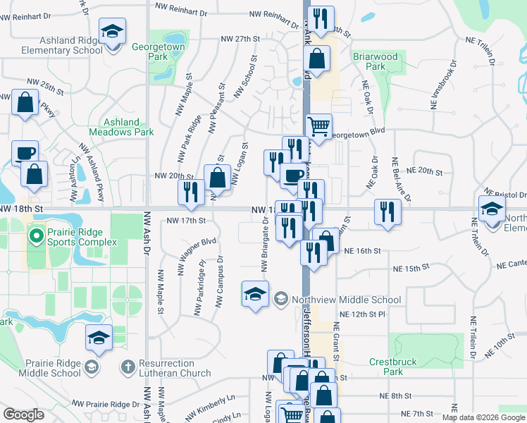 map of restaurants, bars, coffee shops, grocery stores, and more near 340 Northwest 18th Street in Ankeny