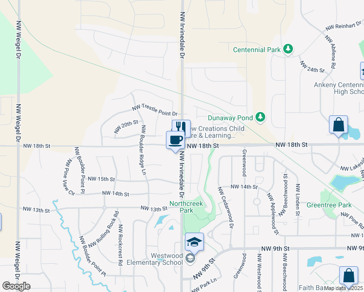 map of restaurants, bars, coffee shops, grocery stores, and more near 1812 Northwest North Creek Drive in Ankeny