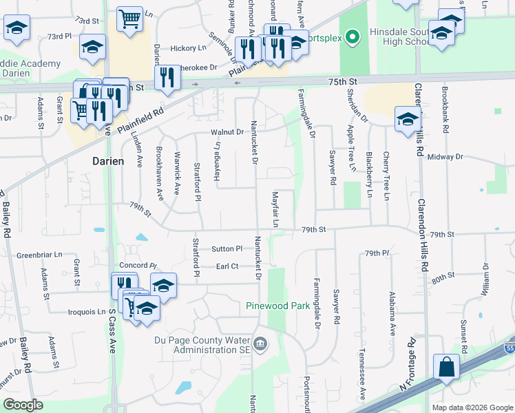map of restaurants, bars, coffee shops, grocery stores, and more near 7813 Nantucket Lane in Darien