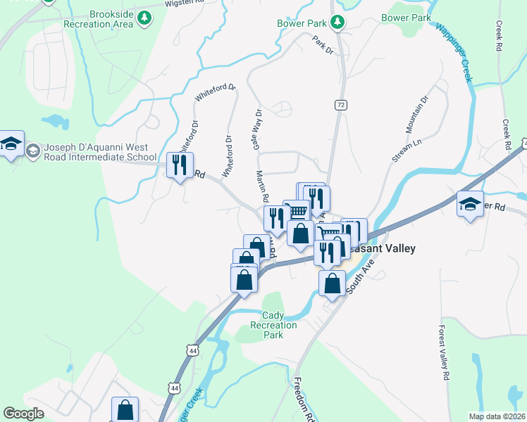 map of restaurants, bars, coffee shops, grocery stores, and more near 6 Martin Road in Pleasant Valley