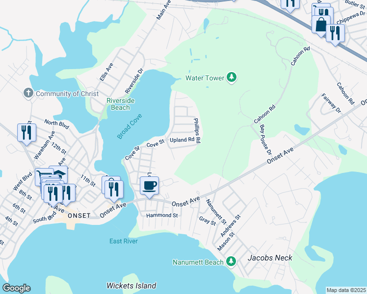 map of restaurants, bars, coffee shops, grocery stores, and more near 13 Upland Road in Wareham