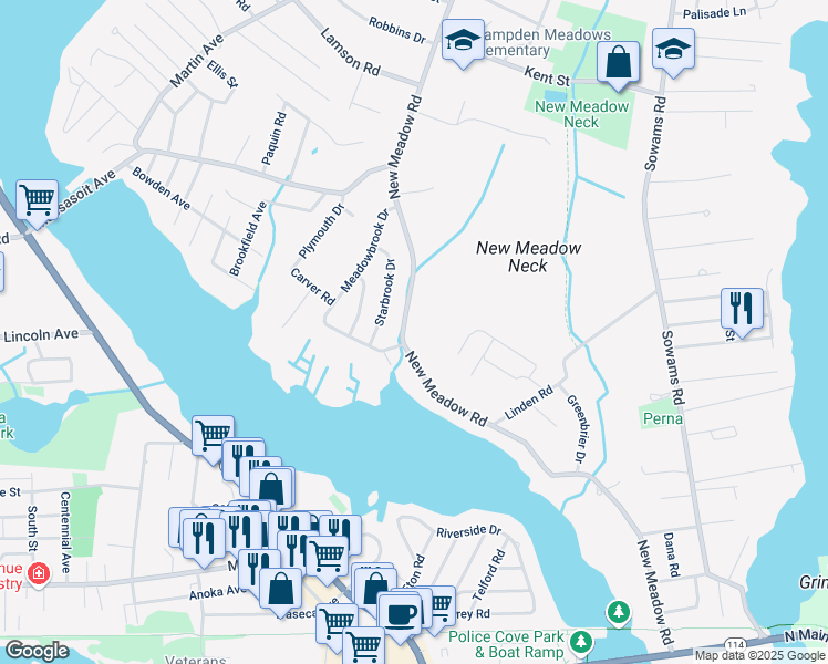 map of restaurants, bars, coffee shops, grocery stores, and more near 185 New Meadow Road in Barrington
