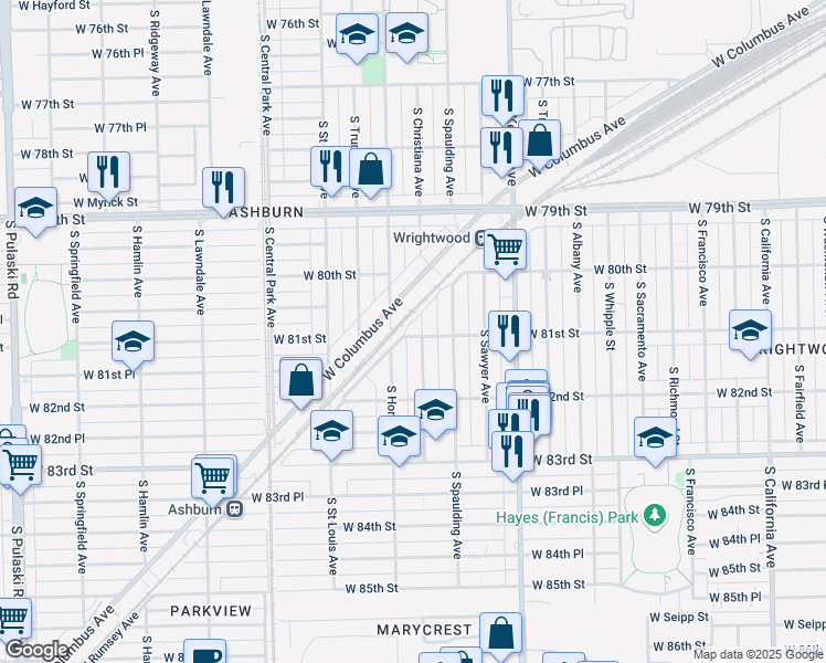map of restaurants, bars, coffee shops, grocery stores, and more near 3340 West 81st Street in Chicago