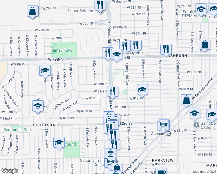 map of restaurants, bars, coffee shops, grocery stores, and more near 8046 South Pulaski Road in Chicago