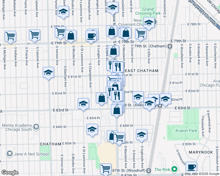 map of restaurants, bars, coffee shops, grocery stores, and more near 8137 South Evans Avenue in Chicago