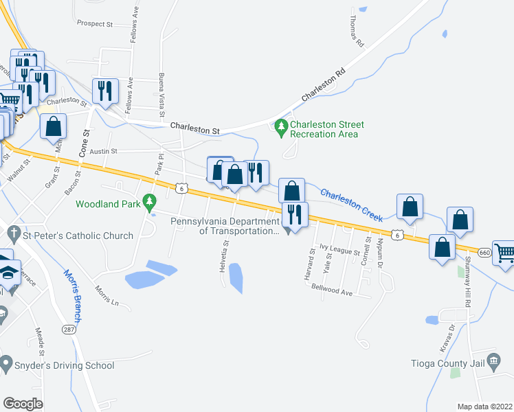 map of restaurants, bars, coffee shops, grocery stores, and more near 48 East Avenue in Wellsboro