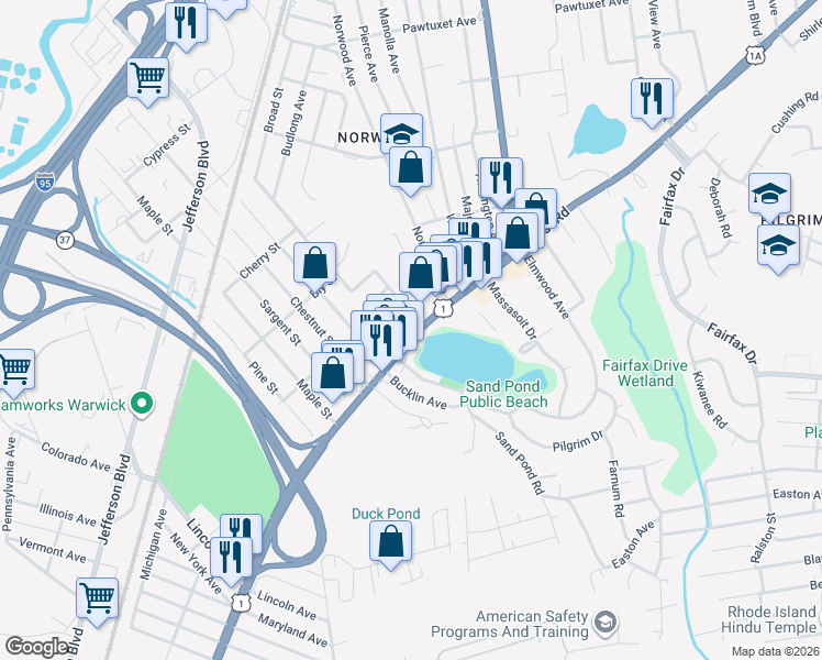 map of restaurants, bars, coffee shops, grocery stores, and more near 1221 U.S. Route 1 in Warwick