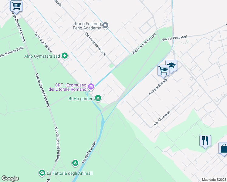 map of restaurants, bars, coffee shops, grocery stores, and more near 29 Via Emiliano Sarti in Acilia-Castel Fusano-Ostia Antica
