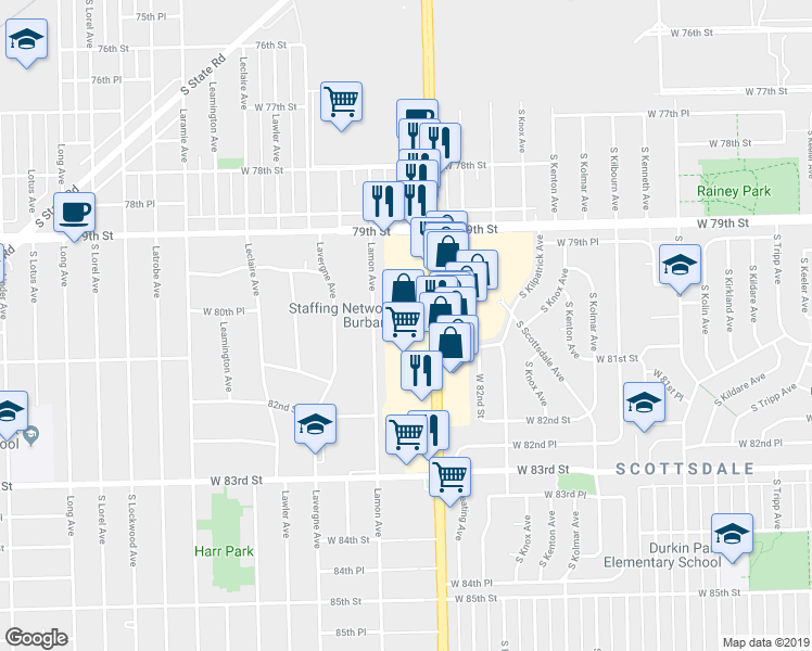map of restaurants, bars, coffee shops, grocery stores, and more near 8014 South Cicero Avenue in Burbank