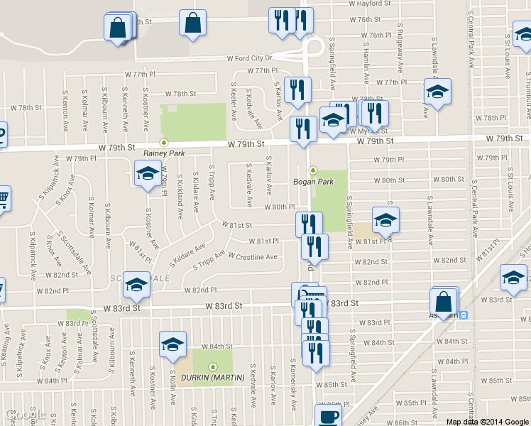 map of restaurants, bars, coffee shops, grocery stores, and more near 4105 West 80th Place in Chicago