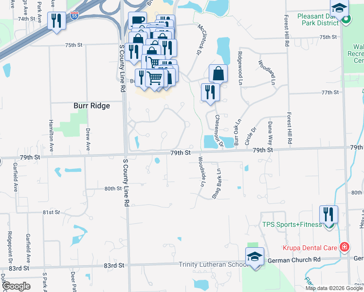 map of restaurants, bars, coffee shops, grocery stores, and more near 601 Ambriance Drive in Burr Ridge