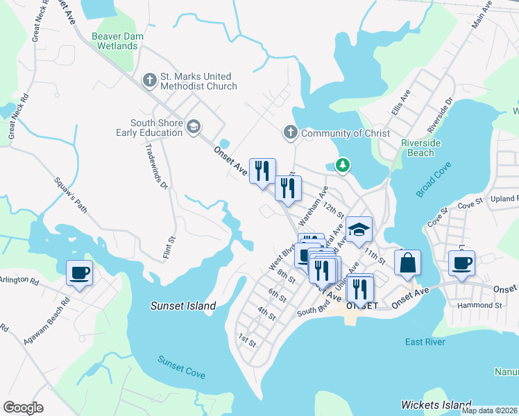 map of restaurants, bars, coffee shops, grocery stores, and more near 13 Storer Street in Wareham