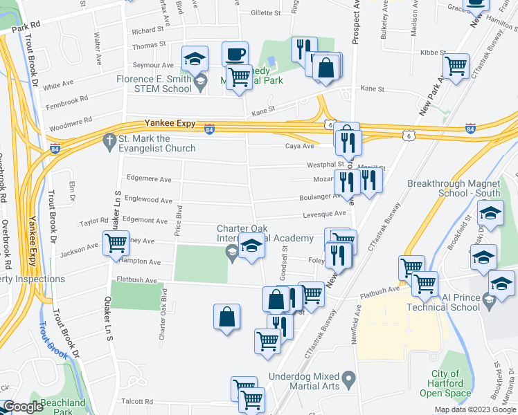 map of restaurants, bars, coffee shops, grocery stores, and more near 10 Englewood Avenue in West Hartford