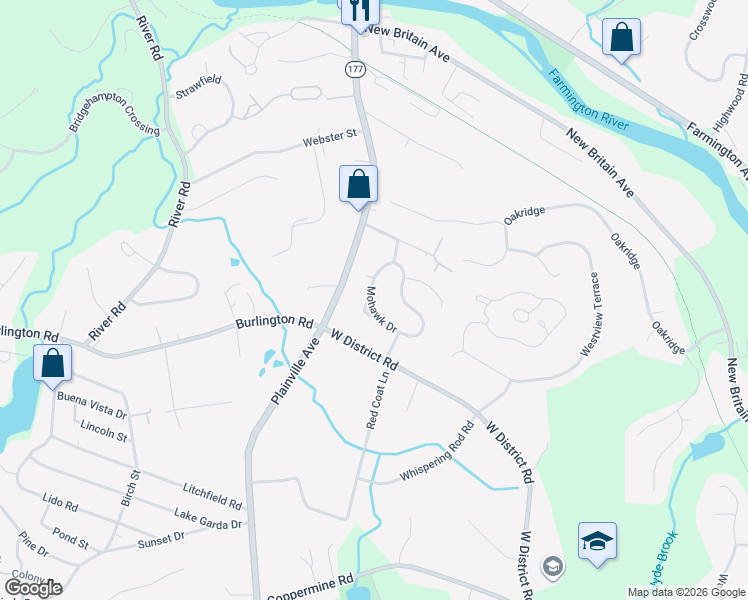 map of restaurants, bars, coffee shops, grocery stores, and more near 6 Mohawk Drive in Farmington