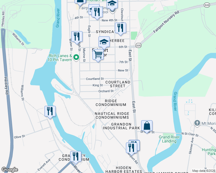 map of restaurants, bars, coffee shops, grocery stores, and more near 417 King Street in Fairport Harbor
